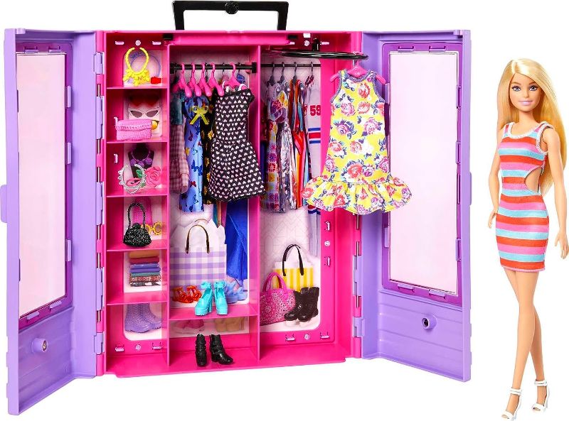 Photo 1 of Barbie Fashionistas Doll & Playset, Ultimate Closet with Barbie Clothes (3 Outfits) & Fashion Accessories Including 6 Hangers
