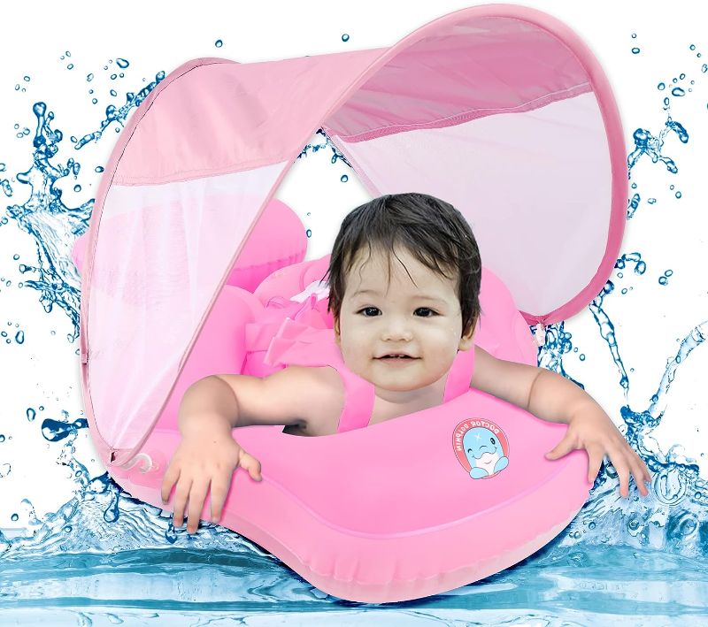 Photo 1 of Doctor Dolphin Baby Pool Float with Buoy Tail Anti-Backflip Air Bag Inflatable Baby Swimming Float with Sun Canopy Awning for Age of 6-30 Months 