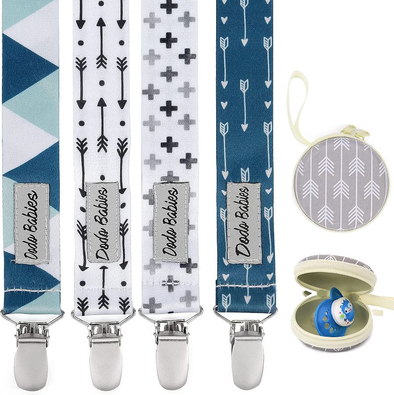 Photo 1 of Dodo Babies Pacifier Clip Set - Four Clips Plus Binky Case – Universal Holder Fits Most Paci Brands, Teether Toys and Car Seats – Blue and Teal Prints for Girls or Boys
