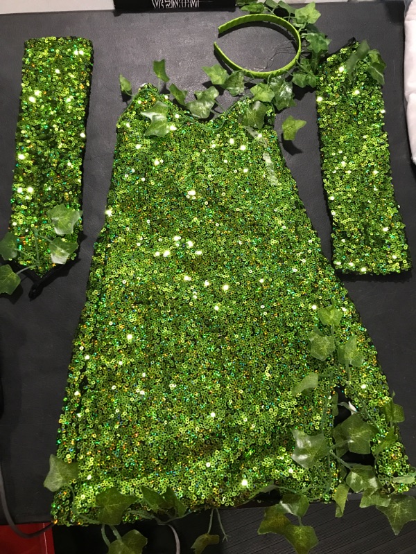 Photo 1 of  Womens Green Glitter Dress for Costume Party with Gloves Headwear Leaves Halloween