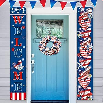 Photo 1 of 2PC 4th of July Door Porch Banner Independence Day Welcome Porch Decorations Memorial Day Patriotic Door Porch Sign for American Front Door Hanging Cover Banner Supplies Home Party Yard Outdoor Decor