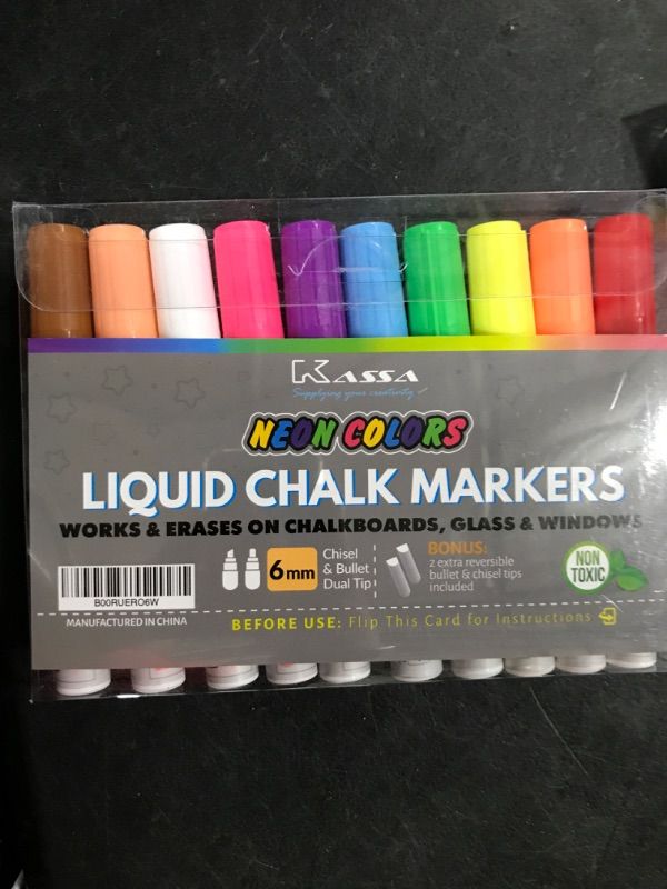 Photo 2 of Kassa Chisel and Bullet Dual Tip Marking Pen, 10-Pack Erasable Neon Multicolor Liquid Chalk Markers, for Chalkboard, Windows, Glass or Mirrors, Non-Toxic Washable Markers with Reversible Dual Tip