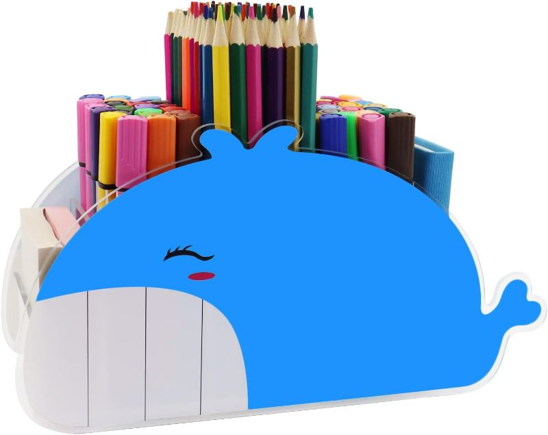 Photo 1 of Flytreal Cute Pen Pencil Holder for Desk, Acrylic Clear Desk Organizer Stationery Storage Stand with 5 Compartments, Desktop Whale Pen/Pencil Organizer for Kids Home Office School 