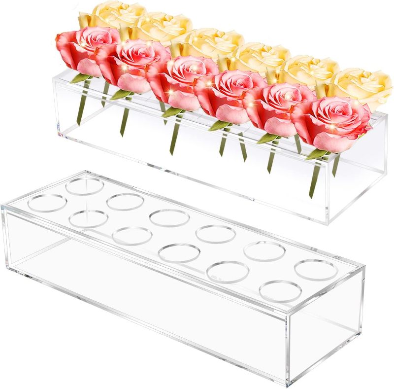 Photo 1 of 2 Pcs Long Acrylic Vase with Holes for Flowers 12" Clear Acrylic Flower Vase Arranger Rectangular Floral Centerpiece Votives Box with Led Lights for Dining Table, Rectangle Flower Holder (2 PCS)
