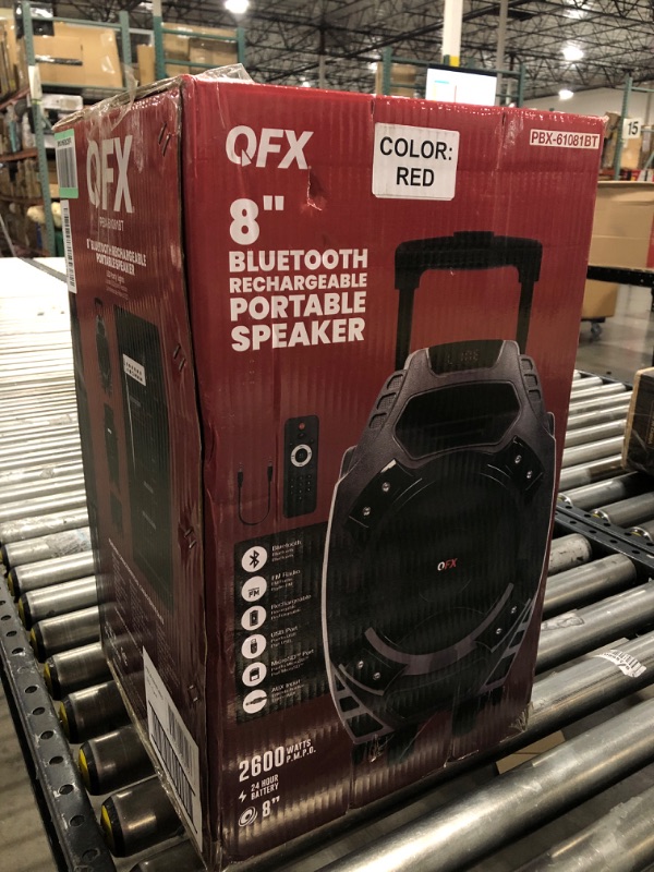 Photo 2 of QFX PBX-61081BT-RED 8-Inch Rechargeable Bluetooth Portable Speaker with 8" Woofer, AUX, SD Card, and FM Radio