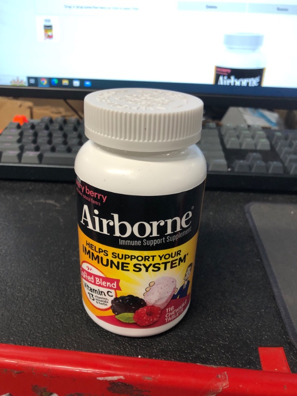 Photo 1 of Airborne 1000mg Vitamin C with Zinc, Immune Support Supplement with Powerful Antioxidants Vitamins A C & E - 116 Chewable Tablets, Very Berry Flavor 116 Count (Pack of 1)