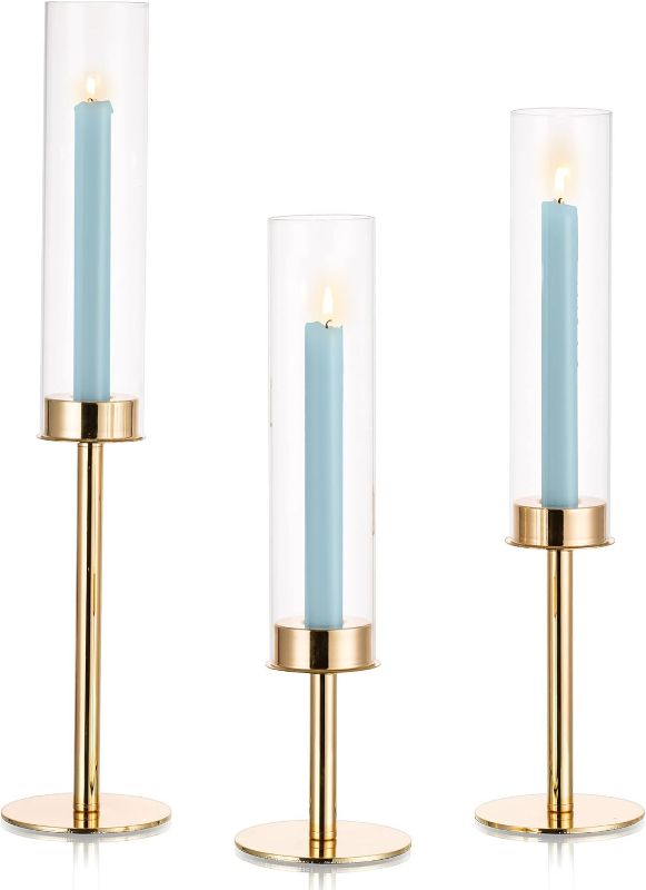 Photo 1 of ***SEE NOTES*** Inweder Gold Candle Holders for Candlesticks - Taper Candle Holders with Removable Glass, Tall Brass Candlestick Holders, Candle Stand Candle Sticks Long Holder for Table Centerpiece, Home, 3Pcs Gold 1 Set(3 Pcs)