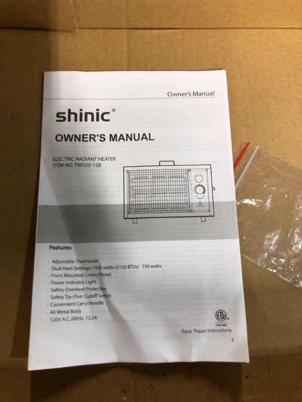 Photo 3 of ***PARTS ONLY*** Shinic Radiant Heater, 1s Fast Heating, 1500W/750W Space Heaters for Indoor Use, with Adjustable Thermostat, ETL Listed Electric Heaters, Overheat & Tip-over Auto Off, Safe for Garage Living Room White