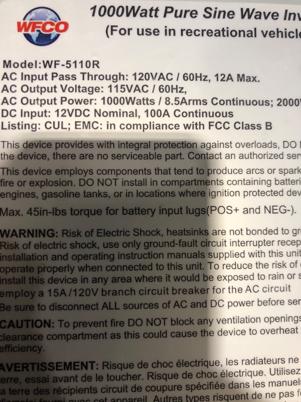 Photo 8 of * used * see all images * 
WFCO Electronics WF-5110RS Pure Sine Wave Inverter - 1000 Watt