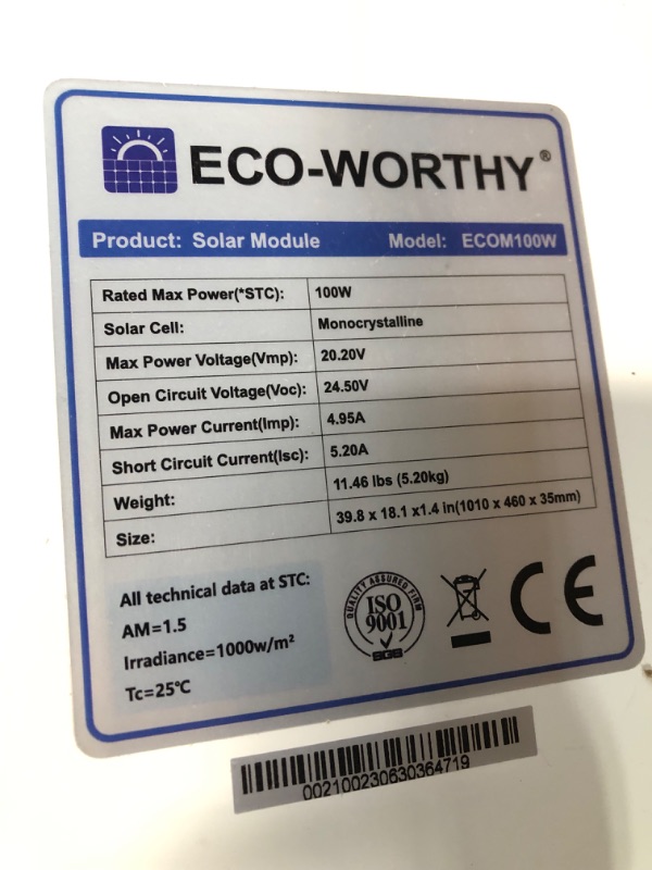 Photo 2 of ECO-WORTHY 100 Watts 12 Volts Monocrystalline Solar Panel