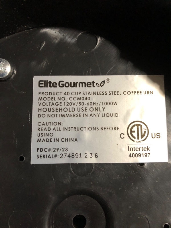 Photo 3 of ***MISSING PARTS - SEE NOTES***
Elite Gourmet CCM040 Stainless Steel 40 Cup Coffee Urn Removable Filter Stainless Steel