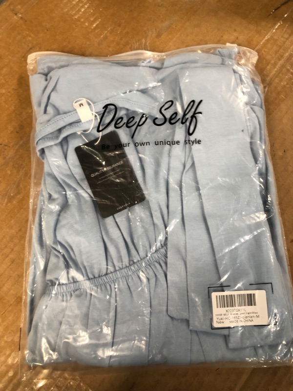 Photo 1 of DEEP SELF Women's Summer Rompers One Shoulder Sleeveless Tie Strap Belted Waist Flowy Short Jumpsuit with Pockets (Medium) Light Blue