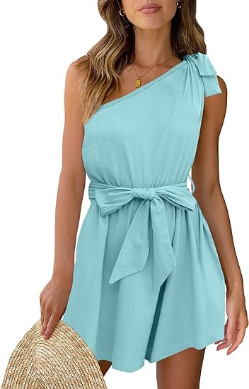 Photo 1 of DEEP SELF Women's Summer Rompers One Shoulder Sleeveless Tie Strap Belted Waist Flowy Short Jumpsuit with Pockets (Medium) Light Blue