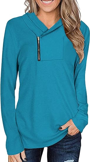 Photo 1 of LuckyMore Women's Cowl Neck Zipper Long Sleeve Tunic Tops to Wear with Leggings (light blue Small)