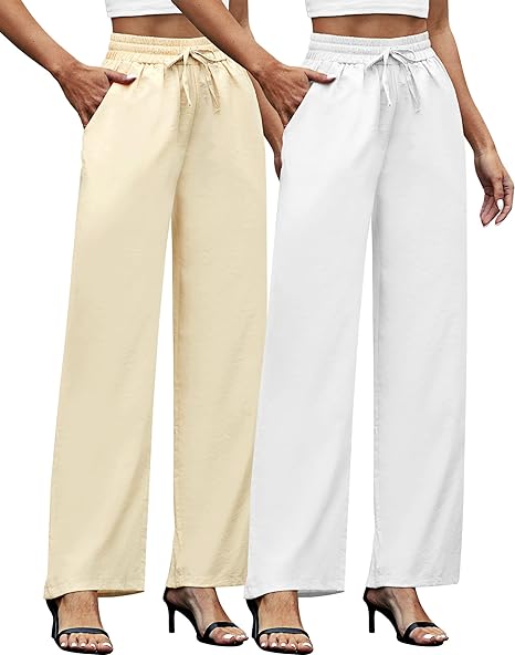 Photo 1 of **non refundable*****
2 Pairs Women's Cotton Linen Drawstring High Waisted Pants Casual Loose Wide Leg Pants Beach Trousers with Pockets for Daily (Medium)