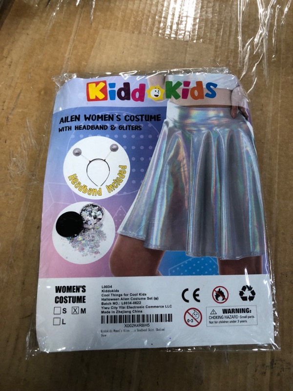 Photo 3 of Kiddokids Halloween Alien Costume; Women's Metallic Holographic Skirt with Headband and Silver Glitter (Medium)