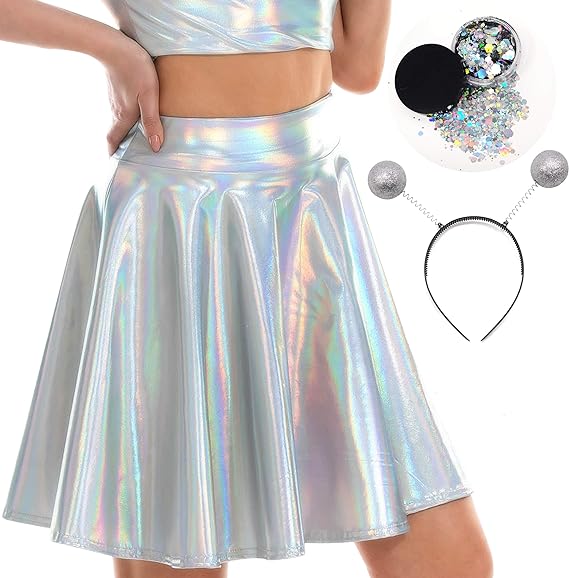 Photo 1 of Kiddokids Halloween Alien Costume; Women's Metallic Holographic Skirt with Headband and Silver Glitter (Medium)