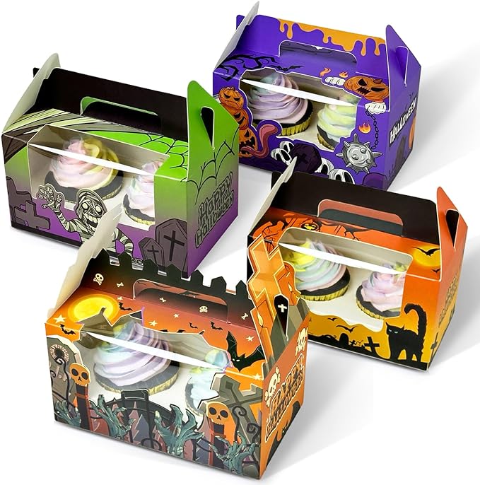 Photo 1 of **non refundable***
qiqee Halloween Cupcake Box Two Holder 6.2x3.5x3.5inch(2.2" Top) 50pcs 2 Cupcake Boxes With Window for Halloween
