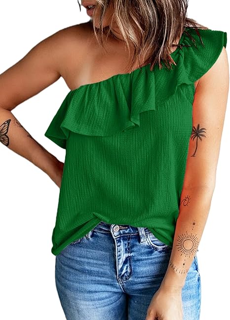 Photo 1 of Caramitty One Shoulder Sleeveless Tops for Women Ruffled Neck Shirts Sexy Summer Tees Solid Color Day Out Casual Vest (Green, Small)