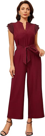 Photo 1 of ***non refundable***
WDIRARA Women's Layered Ruffle Cap Sleeve Notched V Neck Belted Jumpsuit Pants (Medium)
