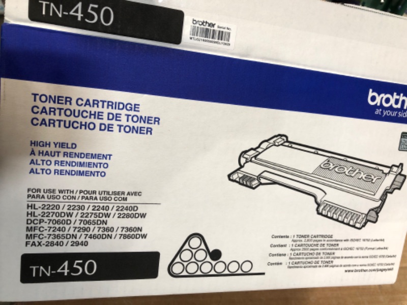 Photo 2 of Brother Genuine High Yield Toner Cartridge, TN450, Replacement Black Toner, Page Yield Up To 2,600 Pages