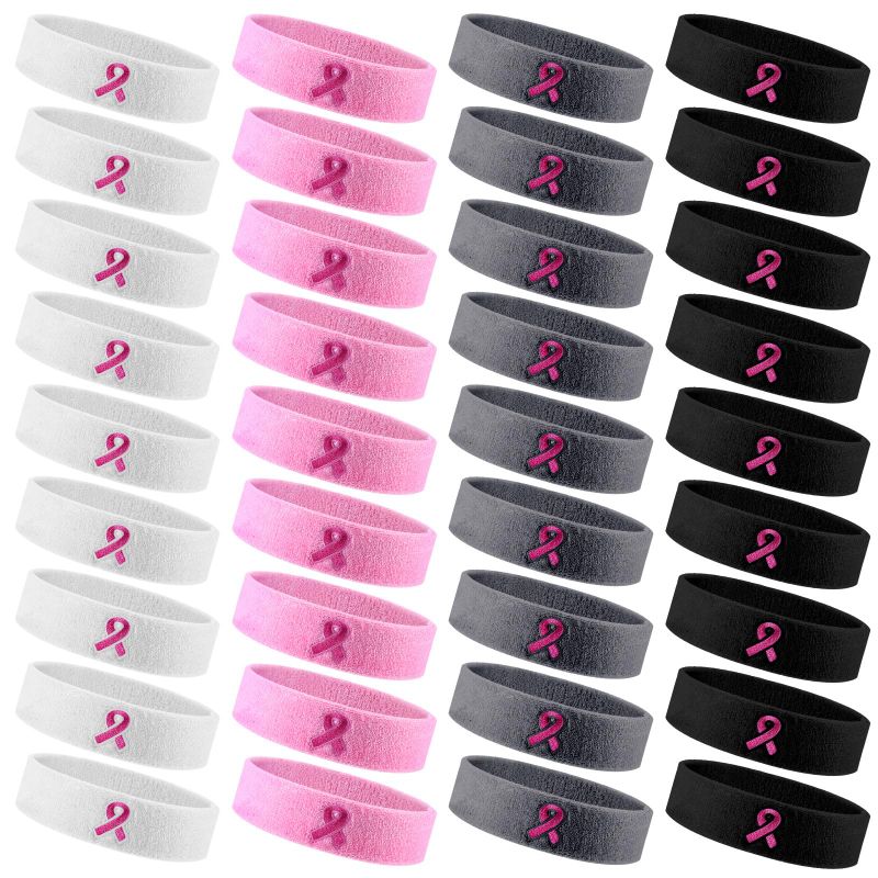 Photo 1 of 36 Pcs Breast Cancer Awareness Sweatband Pink Ribbon Headband Breast Cancer Sweat Band Sport Workout Headband Sweatband Survivor Gift for Women Girls Running Gym Exercise Black, White, Pink, Gray