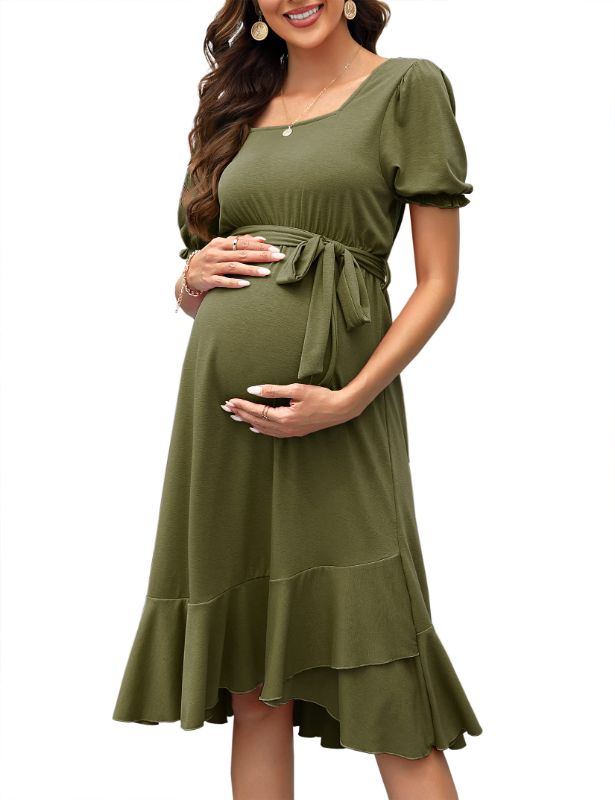 Photo 1 of FUNJULY Maternity Dress Summer Wrap Maxi Dress Casual Square Neck Short Sleeve Ruffle Hem Beach Long Dresses Baby Shower XX-Large Army Green