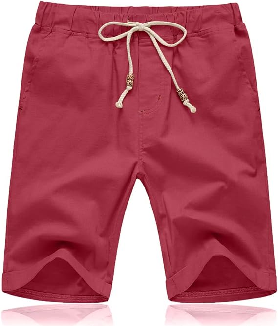 Photo 1 of STICKON Men's Shorts Casual Classic Fit Drawstring Summer Beach Shorts with Elastic Waist and Pockets (Large, Red)