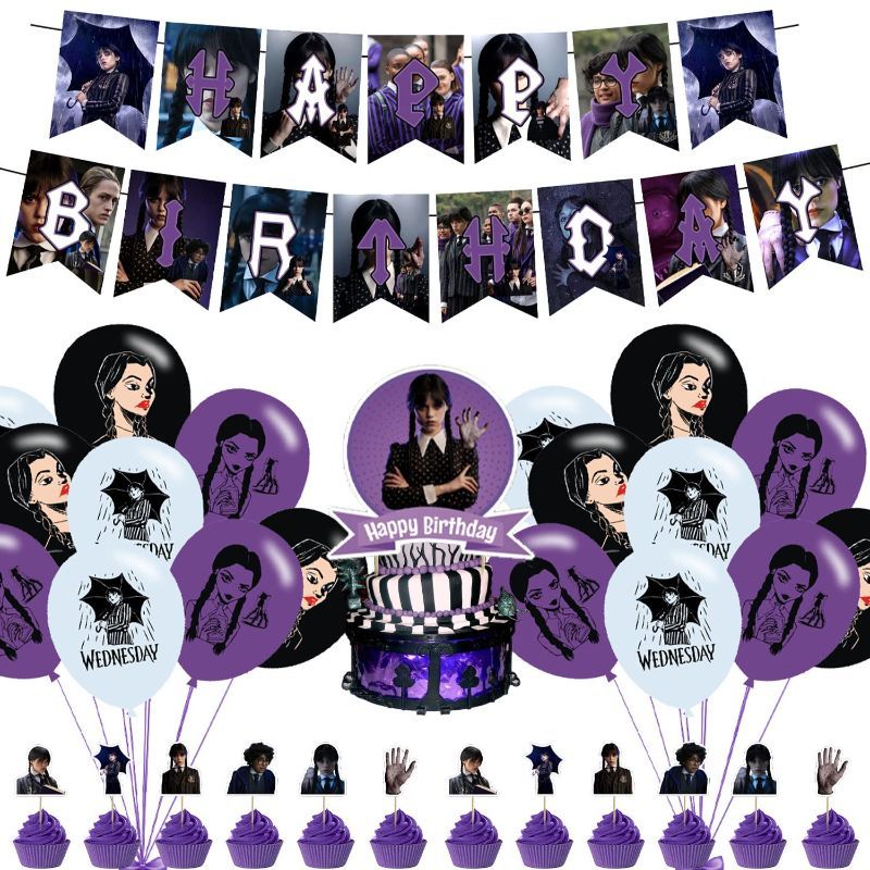 Photo 1 of 32Pcs Wednesday 2022 Addams TV Show Birthday Party Decorations,Party Supply Set for Kids with 1 Happy Birthday Banner Garland , 13 Cupcake Toppers,18Balloons for Party Decorations