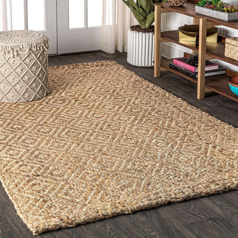 Photo 1 of (Similar to stock photo) Hand Woven Diamond Chunky Jute Indoor Area-Rug  Non Shedding, 92" X 120", Natural Color
