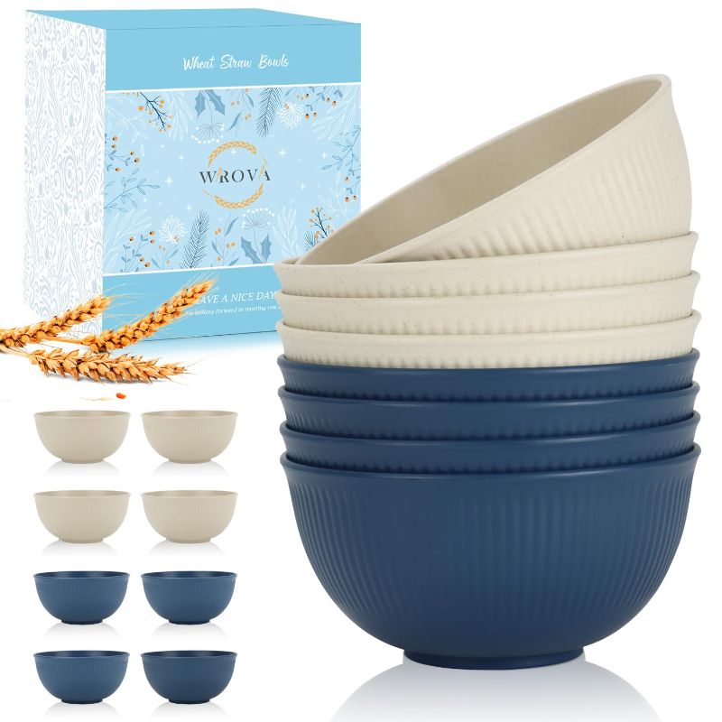 Photo 1 of (Bundle of 2/ No Returns) Wrova Wheat Straw Bowl Sets,8 PCS Unbreakable Cereal Bowl 26 OZ Navy Blue & Beige