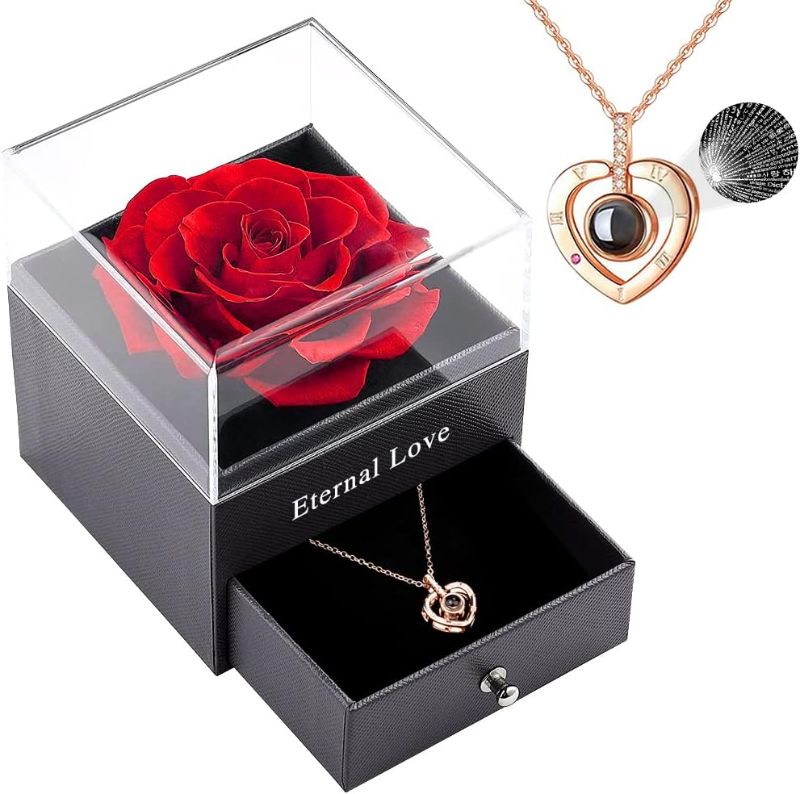 Photo 1 of Gosuoa Mothers Day Gifts, Eternal Preserved Rose with I Love You in 100 Languages Necklace for Christmas Valentine's Day Anniversary Wedding Birthday Romantic Gifts for her (red)