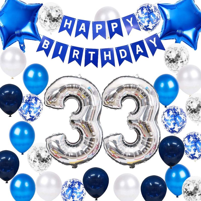 Photo 1 of **non refundable bundle****
33rd Birthday Party Decoration Blue Silver for Men, Happy Birthday Banner Number 33 Birthday Star Foil Balloons Latex Confetti Balloons for Men Him Husband 33 Years Old Birthday(33rd) (2 Pack)