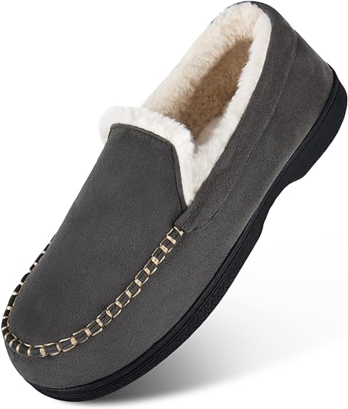Photo 1 of Halendik Mens Warm Suede Moccasins House Slippers Memory Foam, Winter Soft Cozy Slip On Bedroom Slippers For Men with Plush Fuzzy Fleece Lined, Fluffy Comfy Indoor Shoes Home Loafers Non-slip (Grey, US 13M)