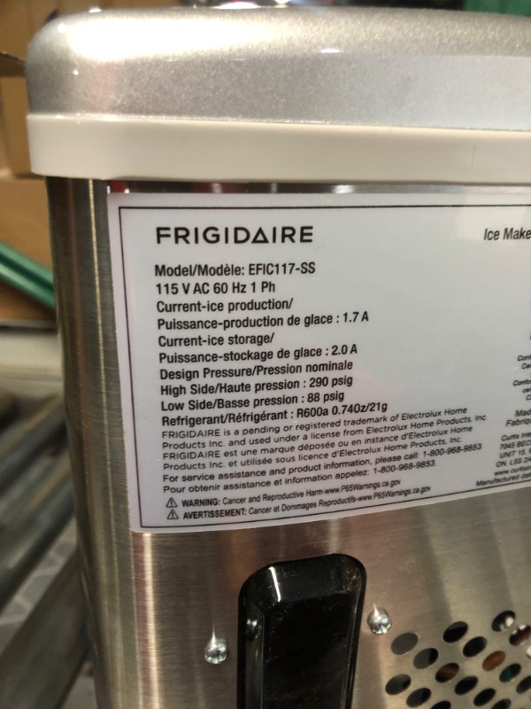 Photo 2 of ***USED - POWERS ON - UNABLE TO TEST FURTHER***
Frigidaire Countertop Ice Maker, Compact Machine, 26 lbs per day, Stainless
