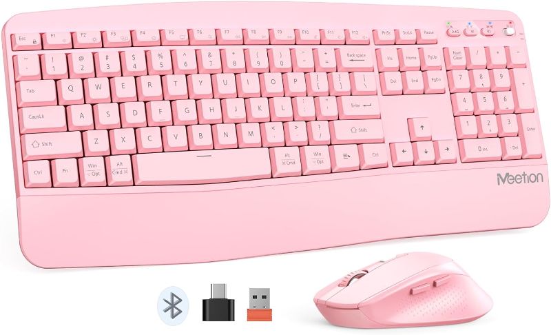 Photo 1 of Pink Wireless Keyboard and Mouse, MEETION Bluetooth Keyboard and Mouse, Ergonomic Computer Keyboard with Wrist Rest, Multi-Device, 3-Level DPI Wireless Mouse for Windows/MacLaptop/PC/iPad/Andriod
