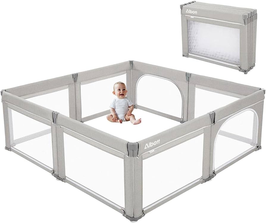 Photo 1 of Albott Baby Playpen- Foldable Playpen for Babies and Toddlers 74x74 in Baby Play Yards, Portable Baby Fence(Large, Light Grey)