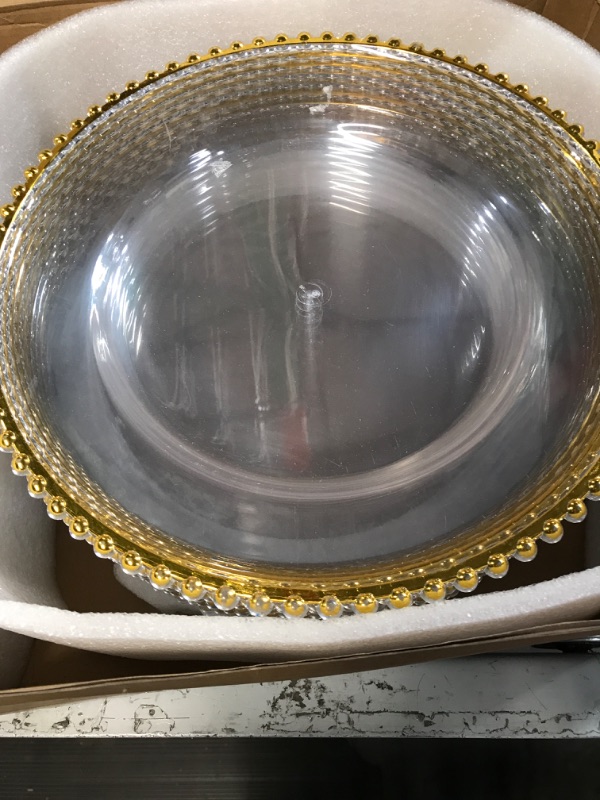 Photo 1 of  Clear Charger Plates with Beaded Gold Rim, Plastic Plate