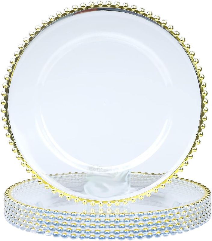 Photo 1 of  Clear Charger Plates with Beaded Gold Rim, Plastic Plate