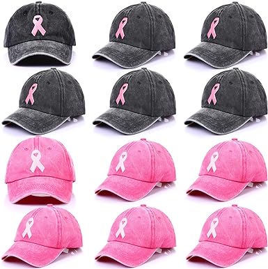 Photo 1 of  6 Pcs Breast Cancer Awareness Hat Adjustable Cotton Pink Ribbon Embroidered Baseball Cap 