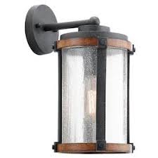 Photo 1 of **crack in glass**Kichler Barrington 1-Light 13-in Distressed Black and Wood Tone Outdoor Wall Light