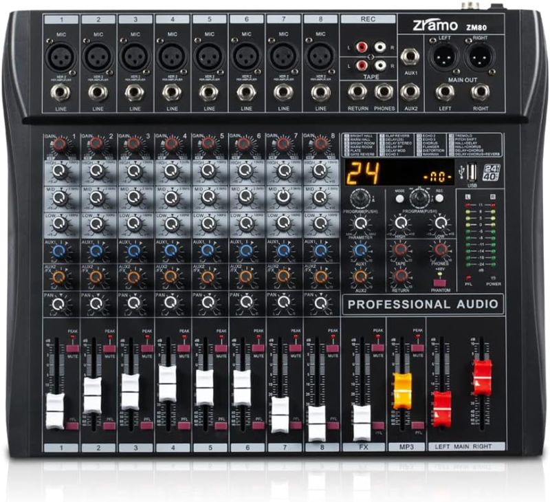 Photo 1 of ZRAMO ZM80 Audio Interface Mixer 8 Channel Studio Karaoke Mixing Console with Bluetooth USB and 48V Phantom power For Studio Karaoke PC Stage Studio DJ...
