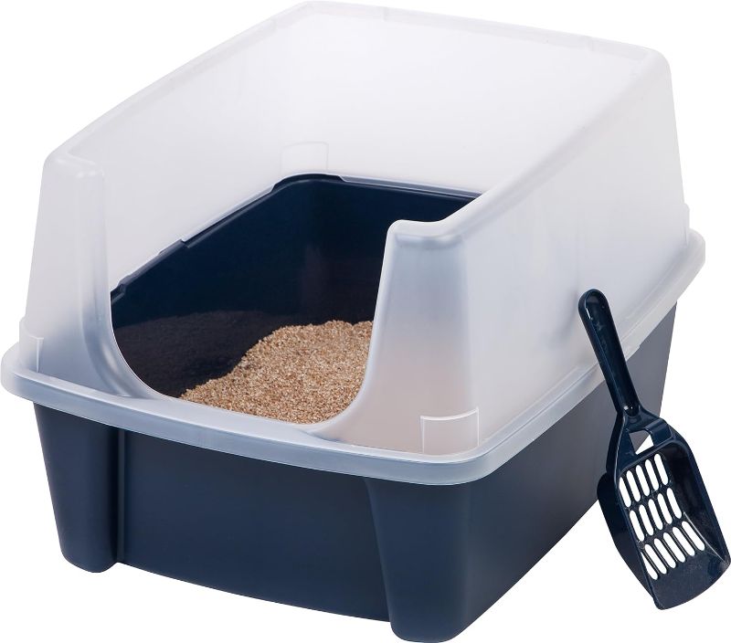 Photo 1 of **no scoop**IRIS USA Open-Top Cat Litter Box with Shield and Scoop, Navy