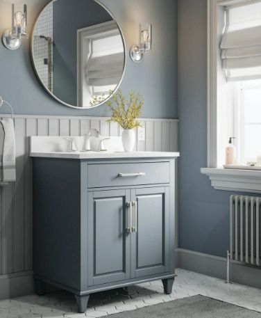 Photo 1 of **Details in Notes**allen + roth Brookview 30-in Slate Blue Undermount Single Sink Bathroom Vanity with Carrara Engineered Marble Top