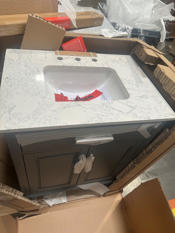 Photo 1 of **Details in Notes**allen + roth Brookview 30-in Slate Blue Undermount Single Sink Bathroom Vanity with Carrara Engineered Marble Top