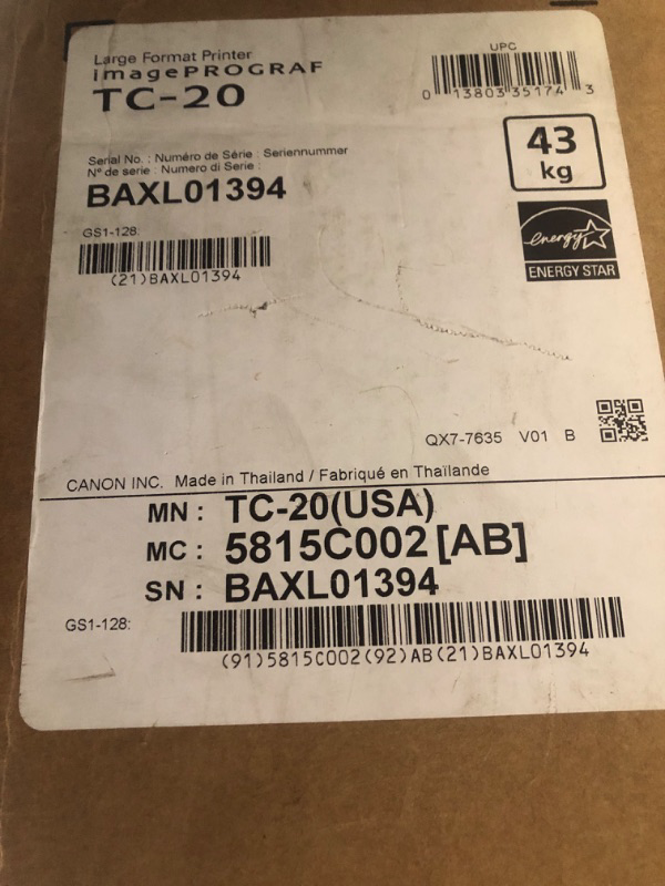 Photo 1 of Canon imagePROGRAF TC-20 – Single Function Printer | 24" Large Format Poster & Plotter Printer - Automatic Roll & Cut Sheet Paper Feeder, USB, Wi-Fi, LAN,White