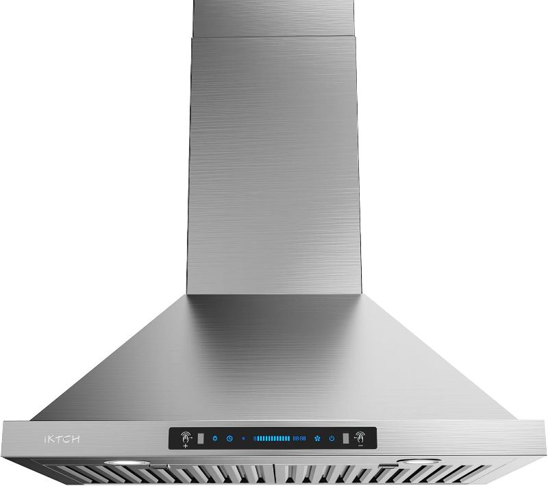 Photo 1 of **MINOR DAMAGE** IKTCH 36-inch Wall Mount Range Hood 900 CFM Ducted/Ductless Convertible, Kitchen Chimney Vent Stainless Steel with Gesture Sensing & Touch Control Switch Panel, 2 Pcs Adjustable Lights(IKP02-36'') *Minor dent to front end, see photos*