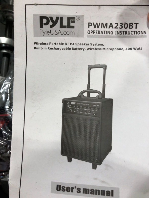 Photo 3 of Pyle Wireless Portable PA System-400W Bluetooth Compatible Rechargeable Battery Powered Outdoor Sound Stereo Speaker Microphone Set w/Handle, Wheels-1/4 to AUX, RCA Cable (PWMA230BT)