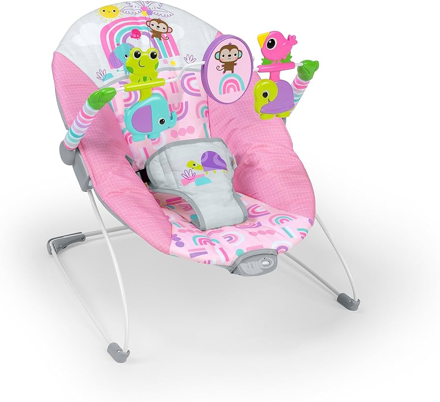 Photo 1 of Bright Starts Pink Paradise Portable Baby Bouncer with Vibrating Infant Seat and -Toy Bar, Max Weight 20 lbs., Age 0-6 Months