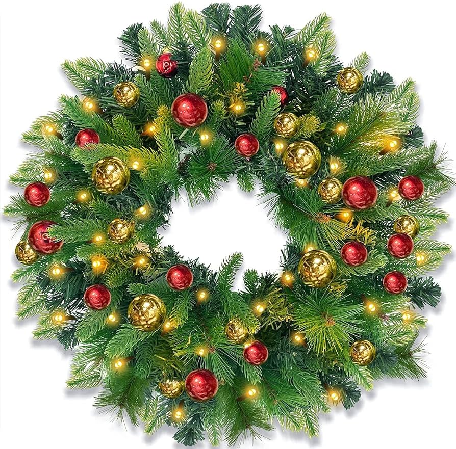 Photo 1 of (DOES NOT INCLUDE THE DECORATIONS/ STOCK PHOTO FOR REFERENCE ONLY) Christmas Wreath Decor for Front Door Realistic Tips 50 Lights Timer